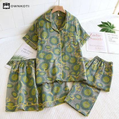 Jacquard Yarn-dyed Sunflower Comfy Pajama Set(3PCS)