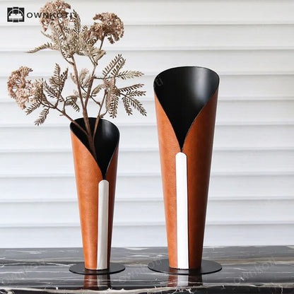 Luxury Torch Metal Leather Vase Decorative Ornament