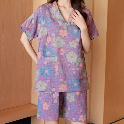 Plus Size V-neck Cotton Floral Pajama Set