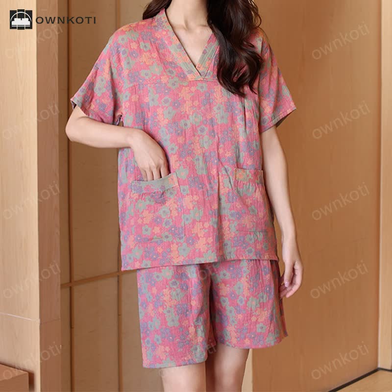 Plus Size Floral Cotton Short-sleeve Pajama Set