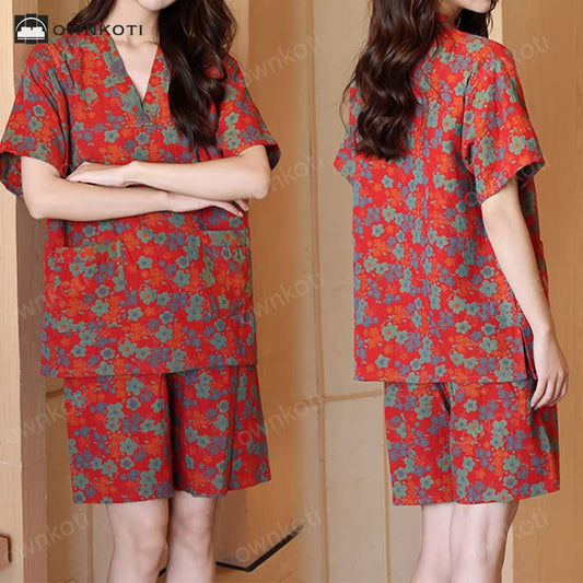 Plus Size Floral Cotton Short-sleeve Pajama Set