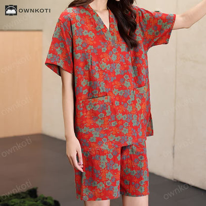 Plus Size Floral Cotton Short-sleeve Pajama Set