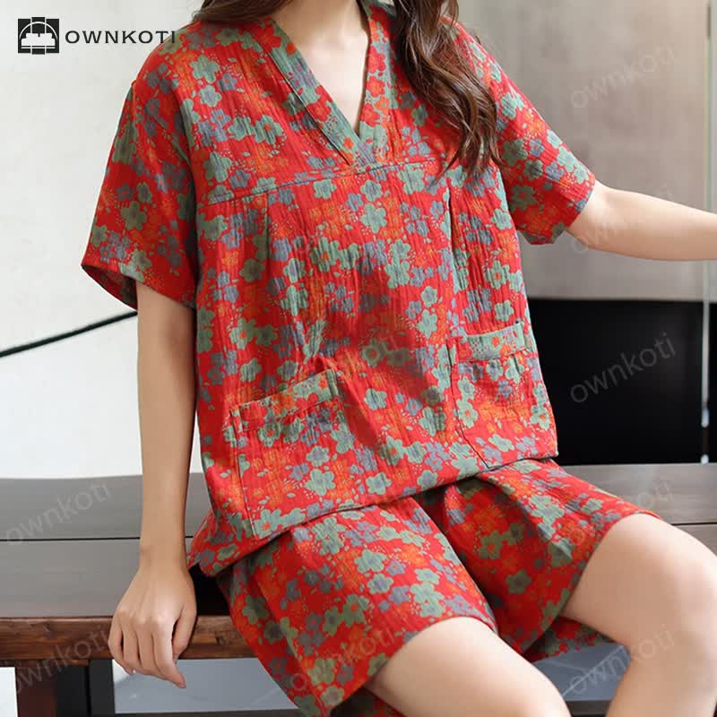 Plus Size Floral Cotton Short-sleeve Pajama Set