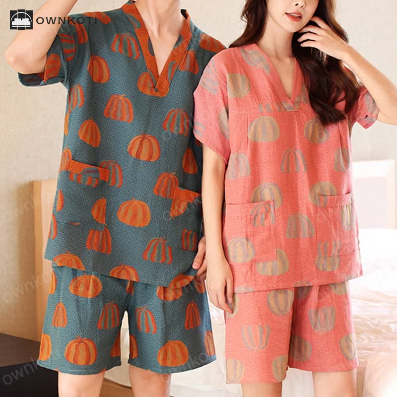 Plus Size Cotton Pumpkin Couple Pajama Set