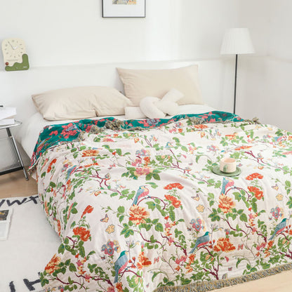 Cotton Gauze Peony Bird Reversible Sofa Blanket