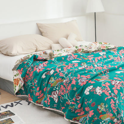 Cotton Gauze Peony Bird Reversible Sofa Blanket