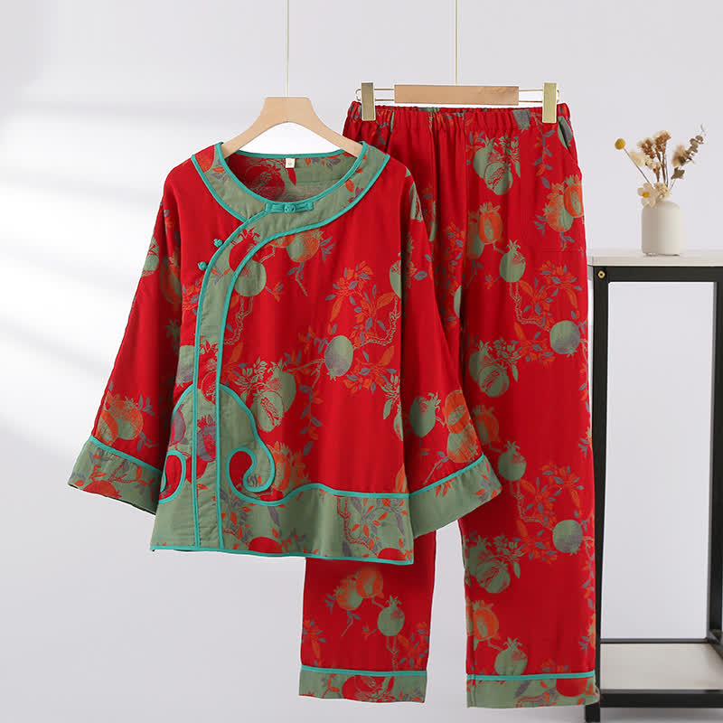 Jacquard Pomegranate Cotton Gauze Nightwear Set - Red & Green - XL - image 1