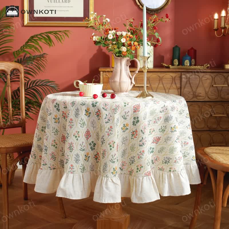 Pastoral Style Green Plant Print Round Ruffled Tablecloth