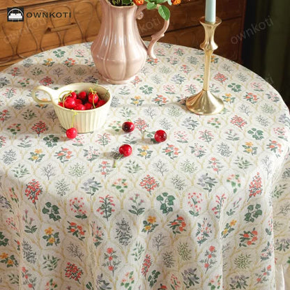 Pastoral Style Green Plant Print Round Ruffled Tablecloth