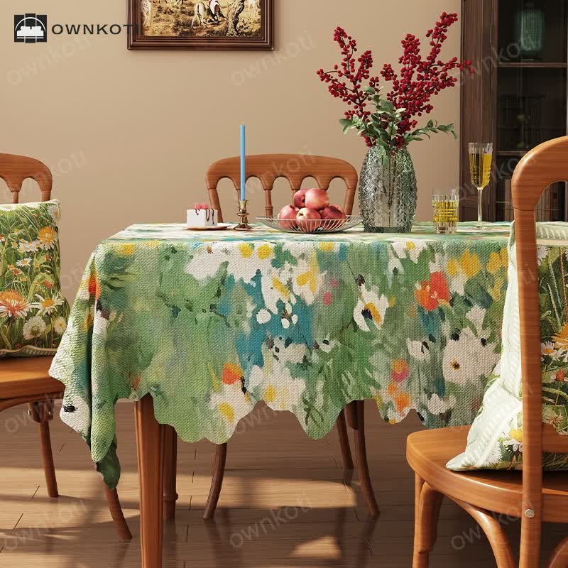 Oil Painting Style Floral Jacquard Wavy Edge Tablecloth