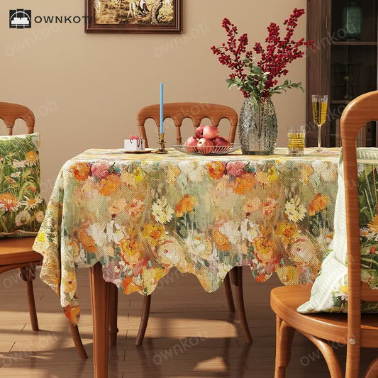 Oil Painting Style Floral Jacquard Wavy Edge Tablecloth