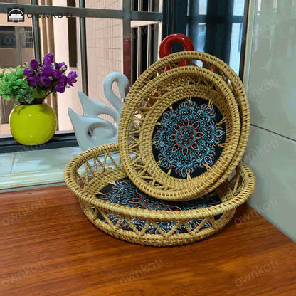 Boho Rattan Hand-painted Printed Fruit Basket Storage Basket