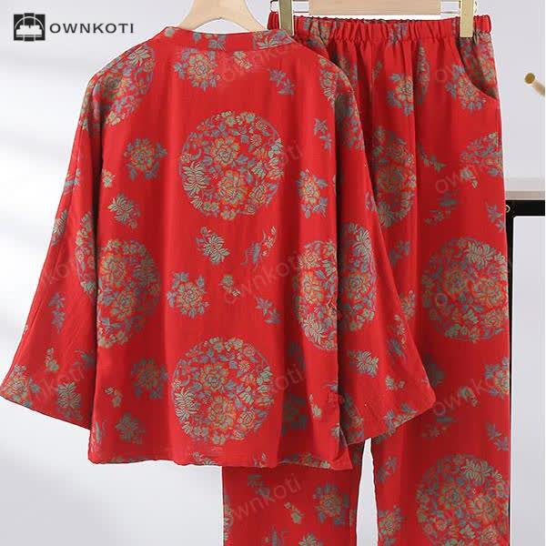 Frog Closure Floral Cotton Gauze Nightwear Set