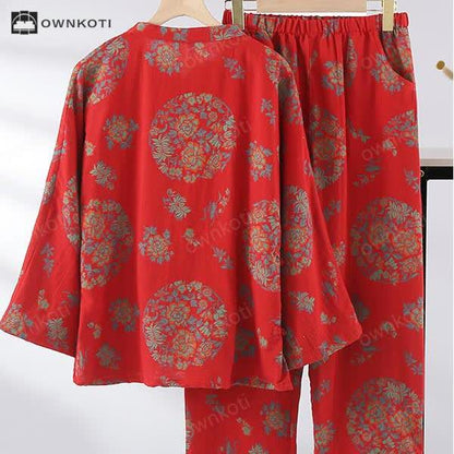 Frog Closure Floral Cotton Gauze Nightwear Set