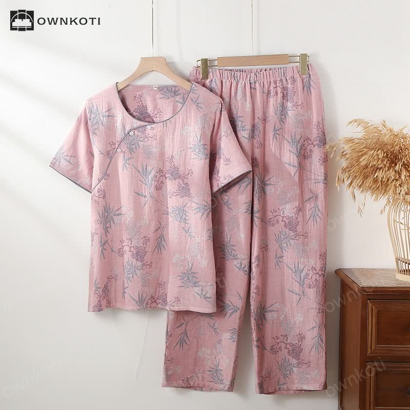 Round Neckline Bamboo Cotton Gauze Pajama Set