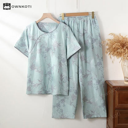 Round Neckline Bamboo Cotton Gauze Pajama Set