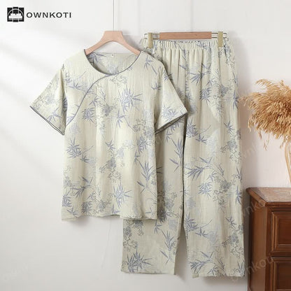 Round Neckline Bamboo Cotton Gauze Pajama Set