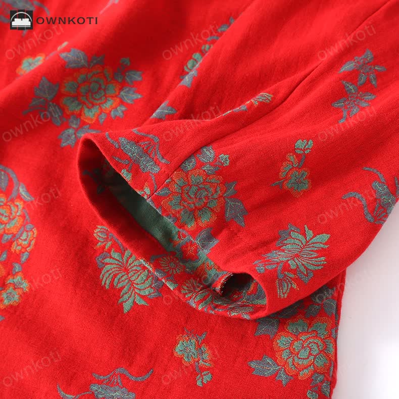 Frog Closure Floral Cotton Gauze Nightwear Set