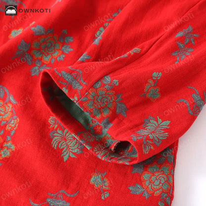 Frog Closure Floral Cotton Gauze Nightwear Set