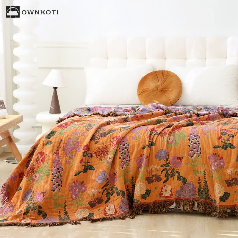 Vintage Floral Tassel Cotton Gauze Sofa Blanket