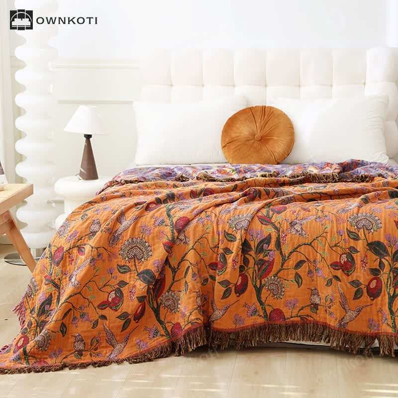 Floral Bird Tassel Cotton Gauze Sofa Blanket