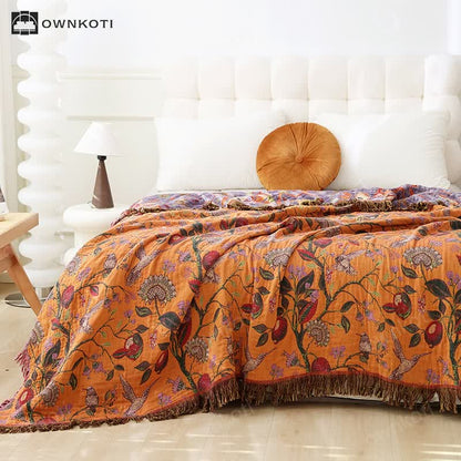 Floral Bird Tassel Cotton Gauze Sofa Blanket