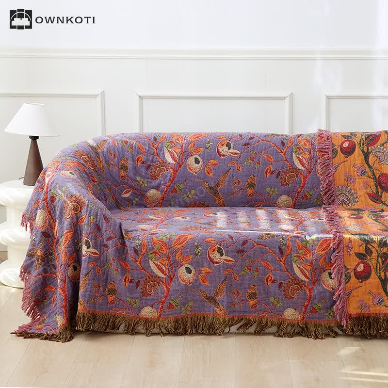 Floral Bird Tassel Cotton Gauze Sofa Blanket