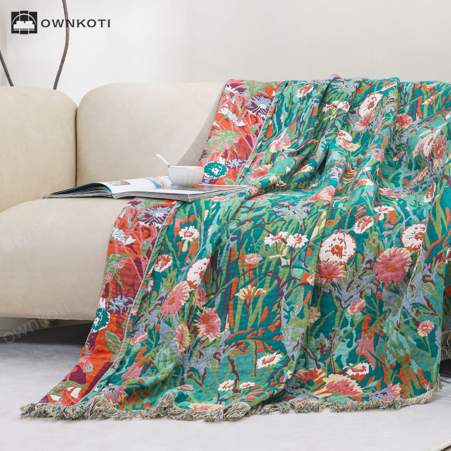 Tassel Reversible Cotton Gauze Floral Blanket