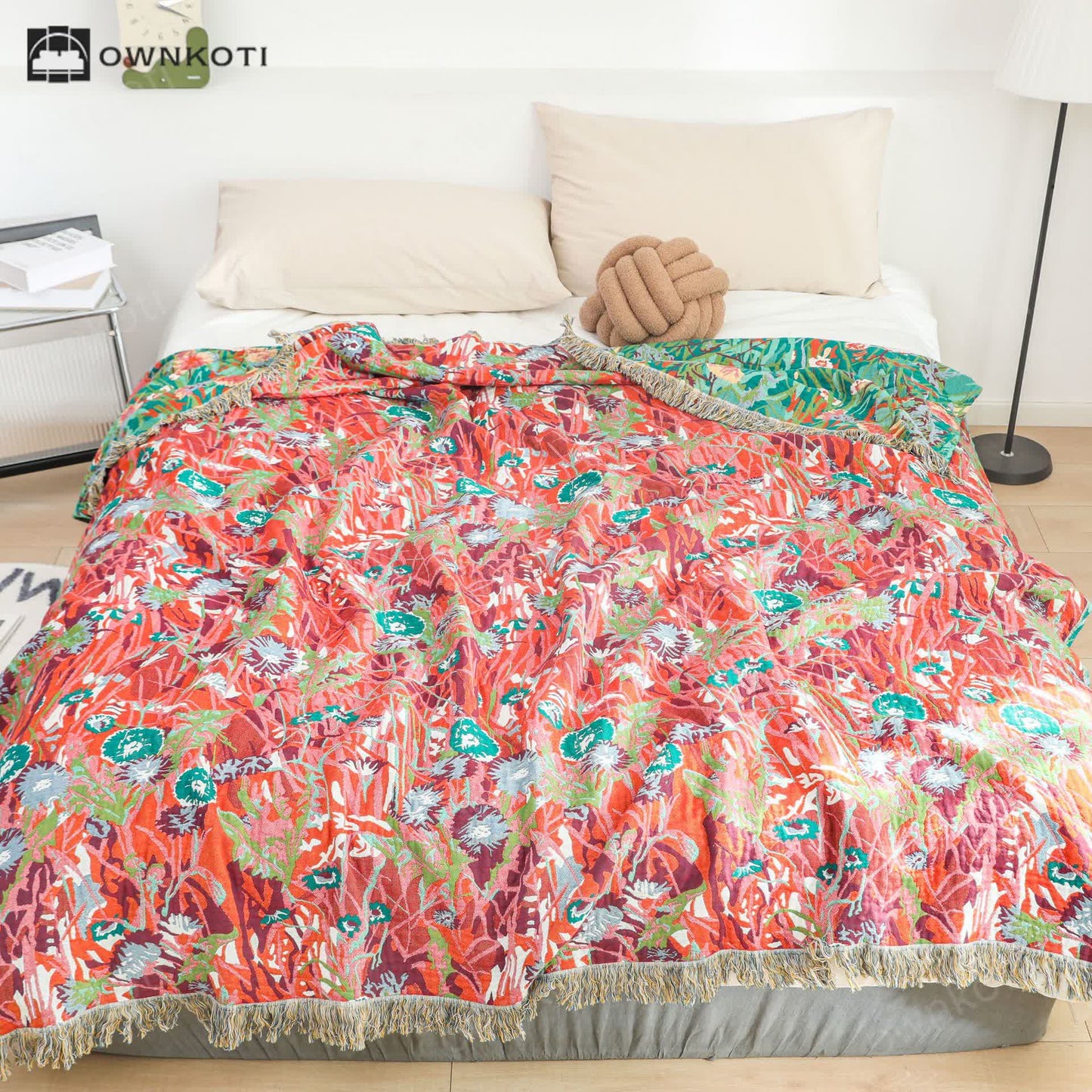 Tassel Reversible Cotton Gauze Floral Blanket