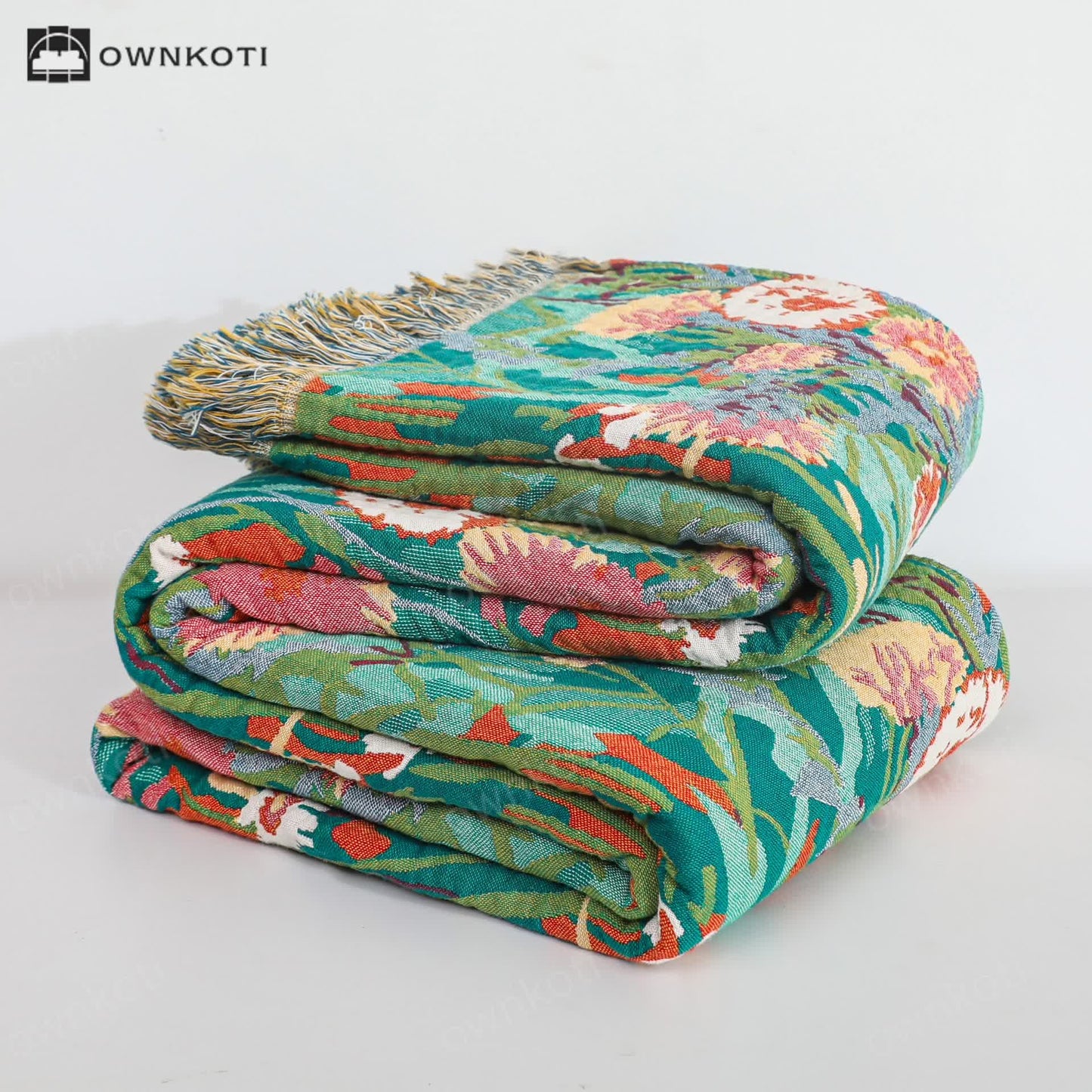 Tassel Reversible Cotton Gauze Floral Blanket