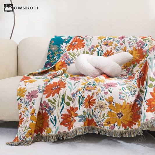 Bright Floral Reversible Tassel Cotton Gauze Blanket