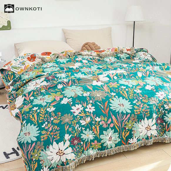 Bright Floral Reversible Tassel Cotton Gauze Blanket