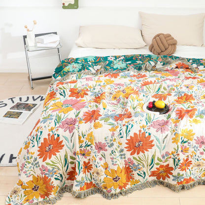 Bright Floral Reversible Tassel Cotton Gauze Quilt