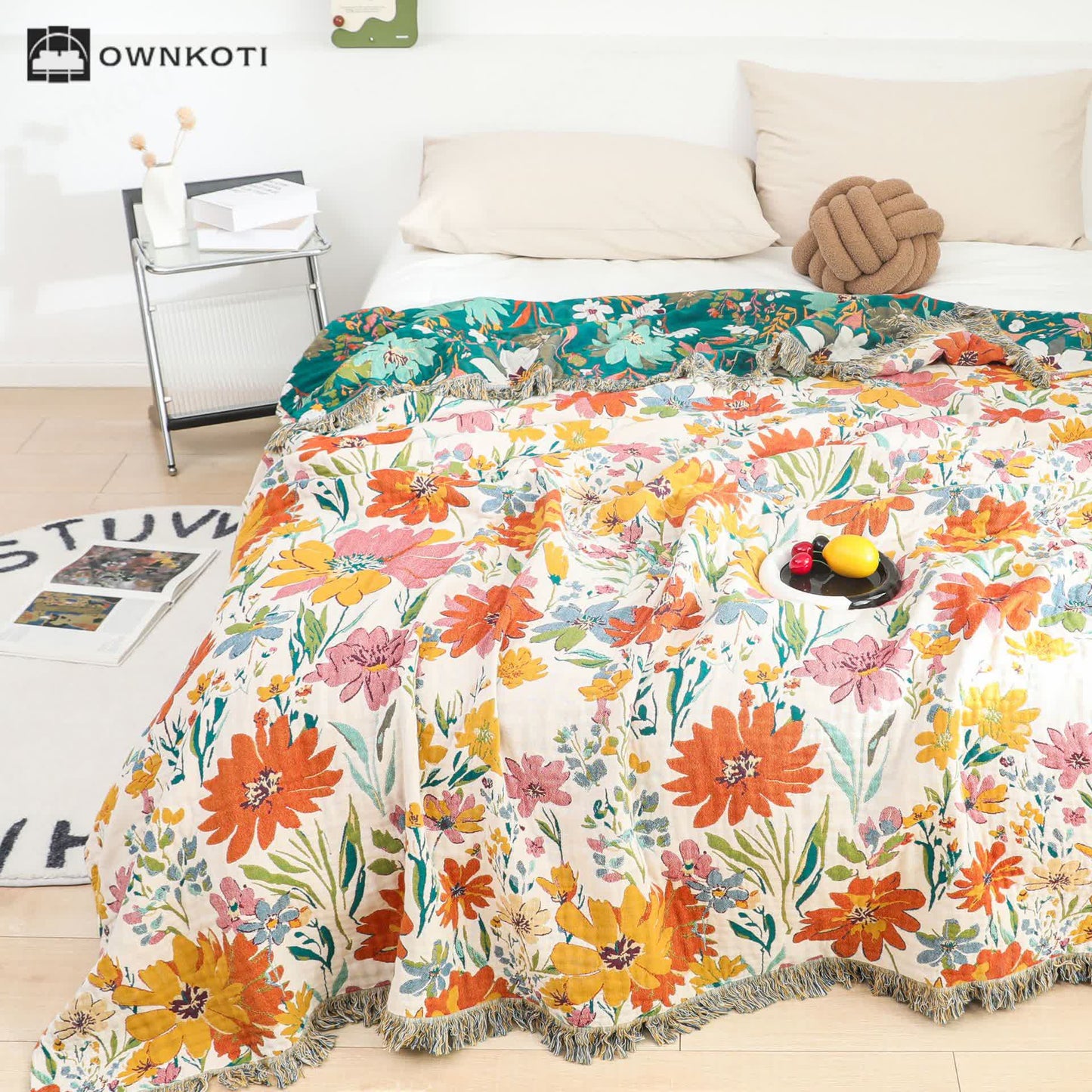 Bright Floral Reversible Tassel Cotton Gauze Blanket