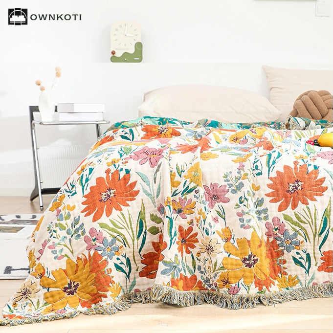 Bright Floral Reversible Tassel Cotton Gauze Blanket