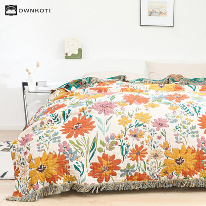 Bright Floral Reversible Tassel Cotton Gauze Blanket