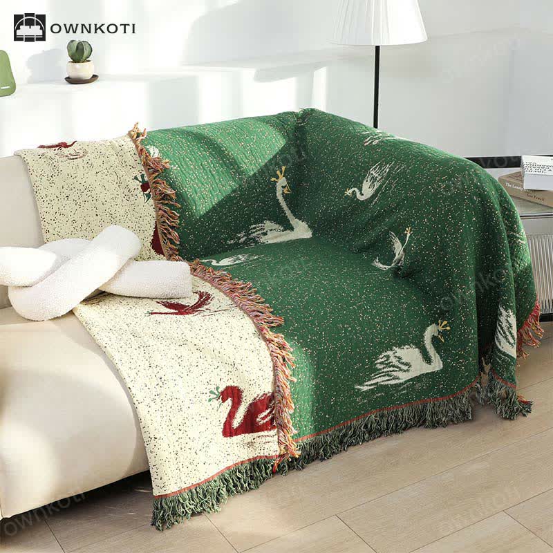 Elegant Goose Cotton Gauze Reversible Tassel Blanket