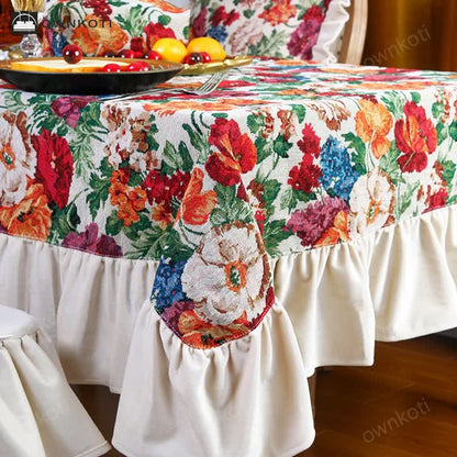 Retro Jacquard Dustproof Ruffled Tablecloth
