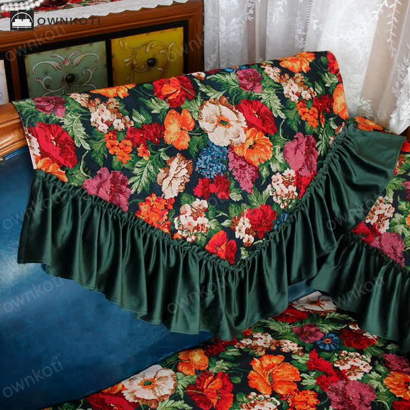 Vintage Art Floral Non-slip Ruffle Sofa Cover