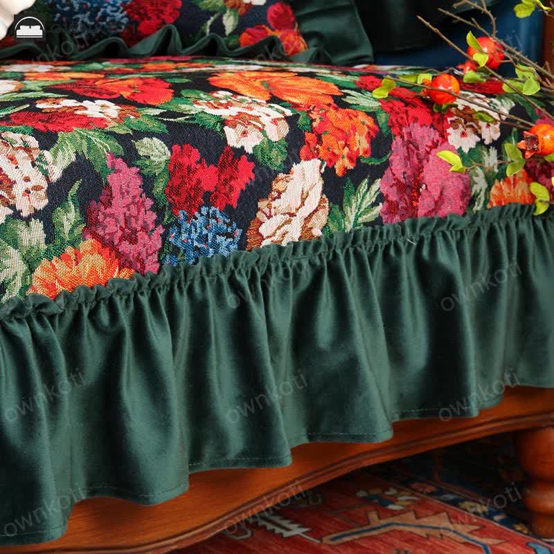 Vintage Art Floral Non-slip Ruffle Sofa Cover