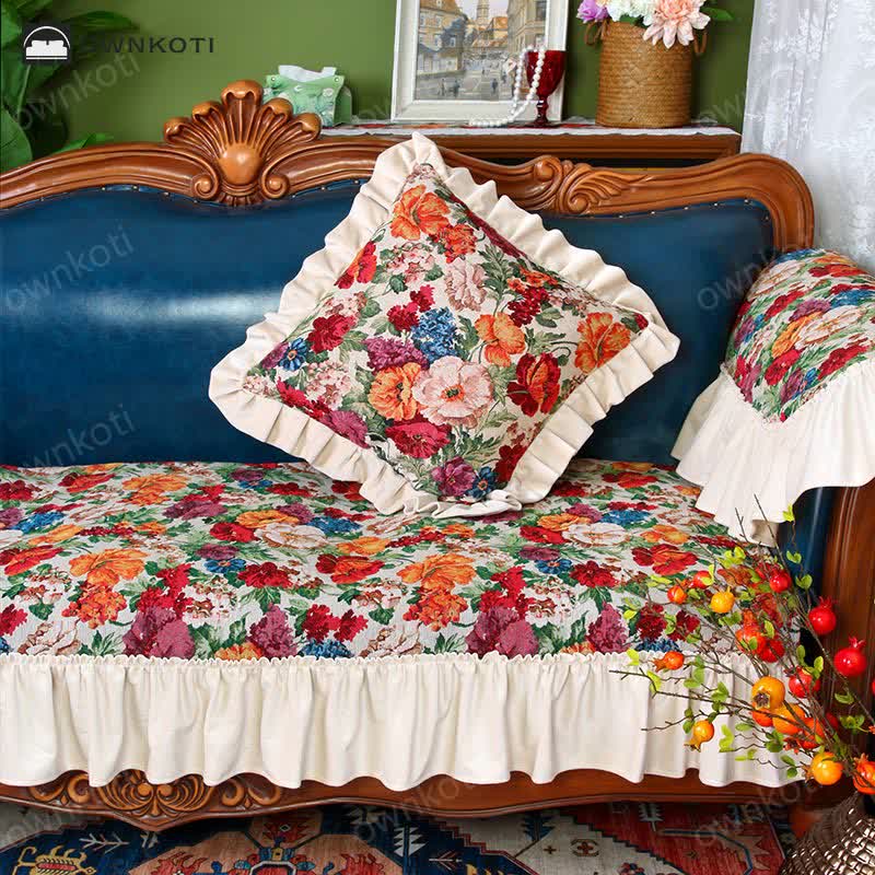 Vintage Art Floral Non-slip Ruffle Sofa Cover