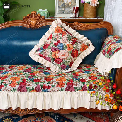 Vintage Art Floral Non-slip Ruffle Sofa Cover