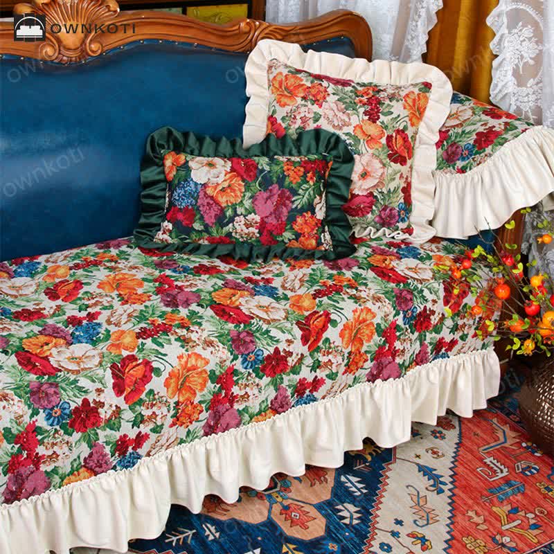 Vintage Art Floral Non-slip Ruffle Sofa Cover