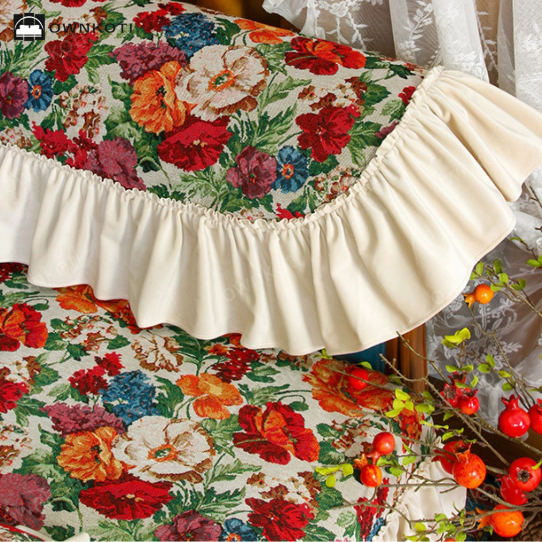 Vintage Art Floral Non-slip Ruffle Sofa Cover