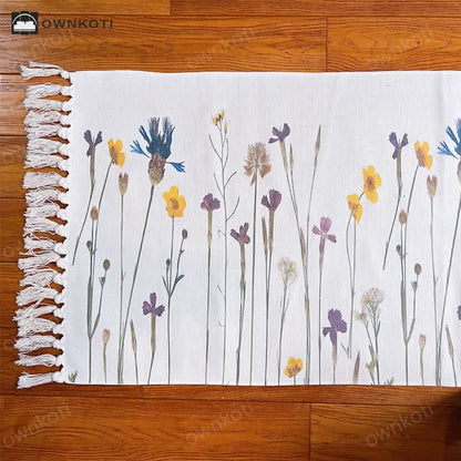 Plant Branch Pattern Tassel Cotton Linen Floor Mat
