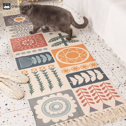 Plant Branch Pattern Tassel Cotton Linen Floor Mat