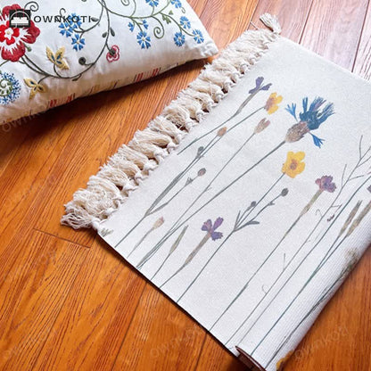 Plant Branch Pattern Tassel Cotton Linen Floor Mat