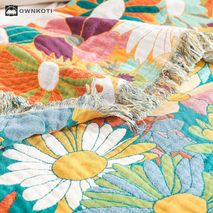 Bright Color Cotton Gauze Reversible Tassel Blanket