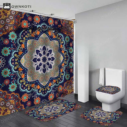 Bohemian Print Waterproof Shower Curtain Mat Set