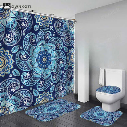 Bohemian Print Waterproof Shower Curtain Mat Set